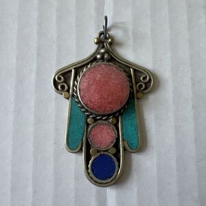 Inlay Turquoise Coral Lapis Gemstone Antique Look Silver Tone Handmade  Pendant